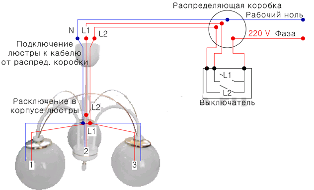 Схема подключения люстры с двойным выключателем